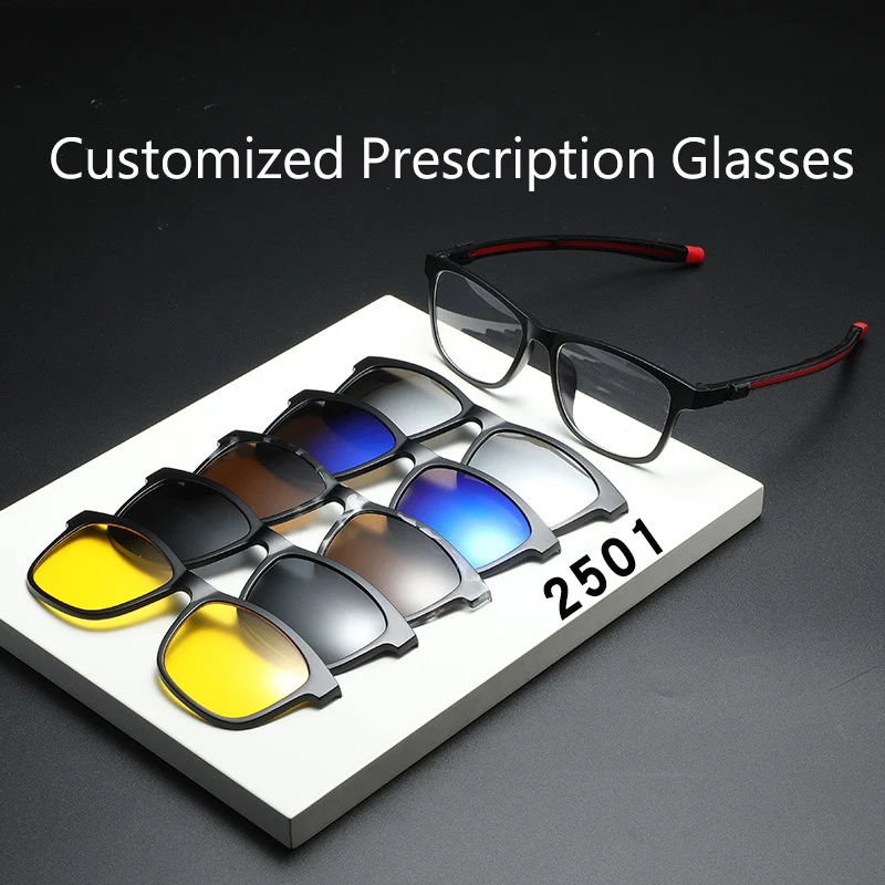 6 In 1 Customize Prescription Glasses Men Women Anti-Blue Light Myopia Hyperopia With 5 PCS Clip On Polarized Sunglasses 2501