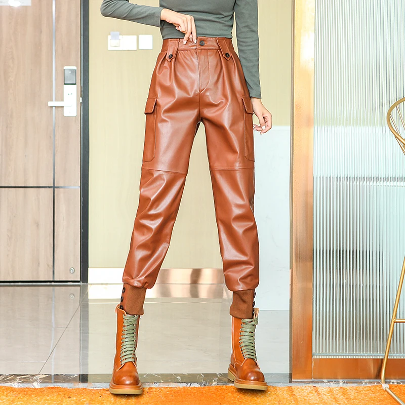 

Women Genuine Leather Cargo Pants Streetwear Casual Elastic High Waist Harem Pants Fashion Sheepskin Casual Ankle Length Trouser