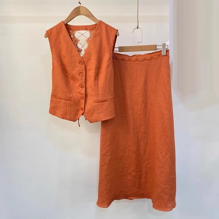 

100%Linen Skirt Suits 2025 Summer Fashion Clothes Sets High Quality Women Hollow Out Backless Vest Top+Long Maxi Skirt Sets 2pc