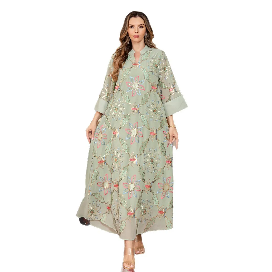 2025 Women's Casual Trendy Embroideried Loose Basic Elegant Sequined Dresses Female Abaya Clothes Middle East Muslim New Fashion