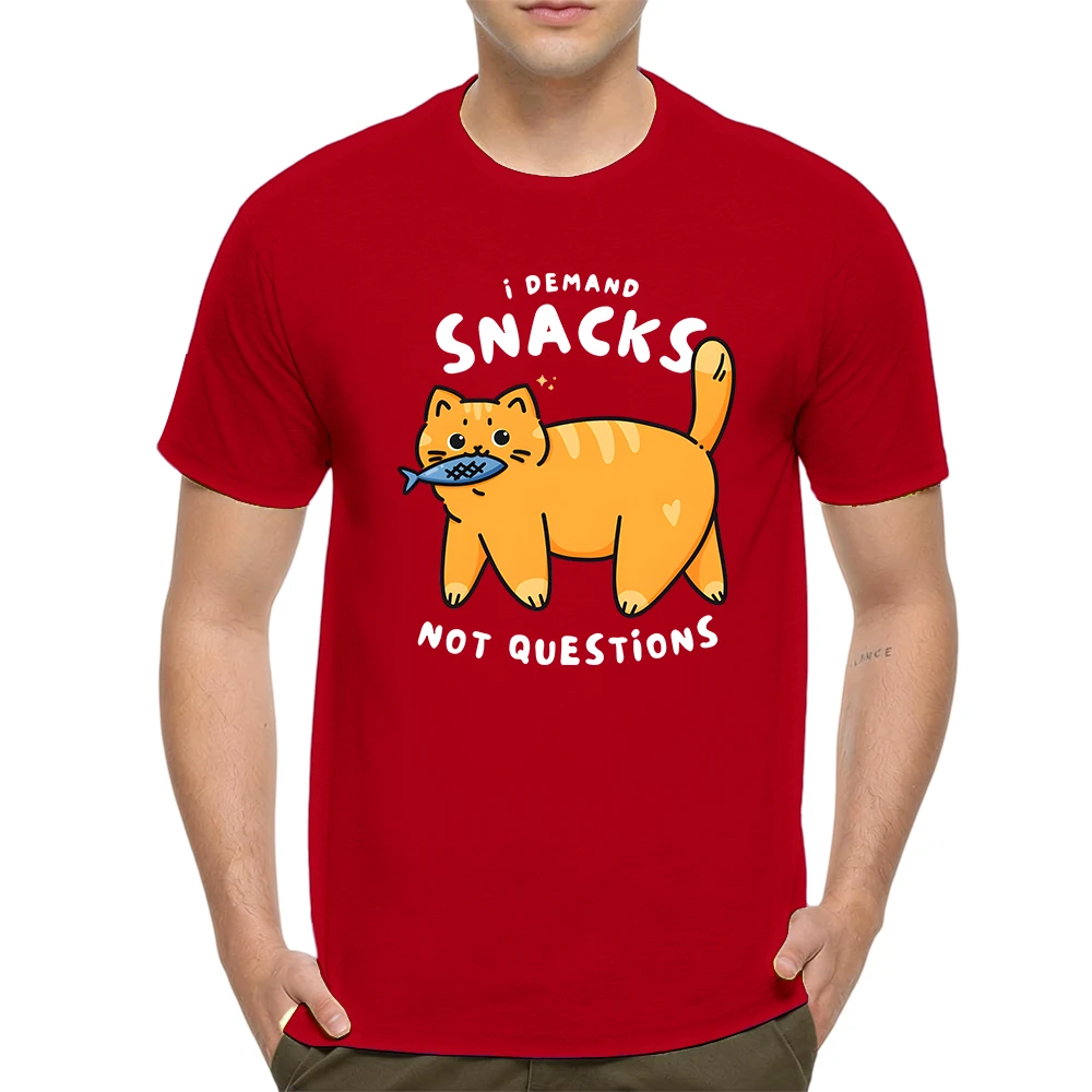 Mens 100% Cotton T Shirt Demand Snacks Not Questions Cute Orange Cat With Fish Cartoon Print Breathable Short Sleeve Daily Wear
