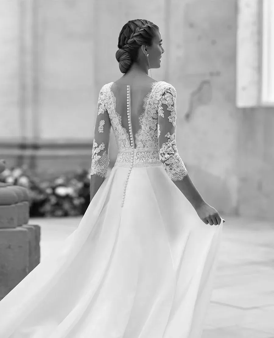 Flavinke Customized Elegant Women's V-Neck Wedding Dressees Lace Applique Long Sleeved Princess A-Line Bridal Gowns Formal Party