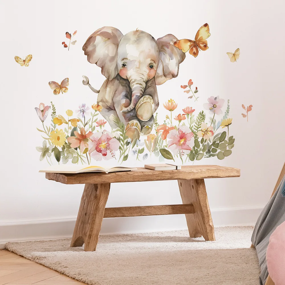 Watercolor Elephant Butterfly Flower Wall Sticker Kids Room Background Decoration Mural Bedroom Home Decor Removable Wallpaper