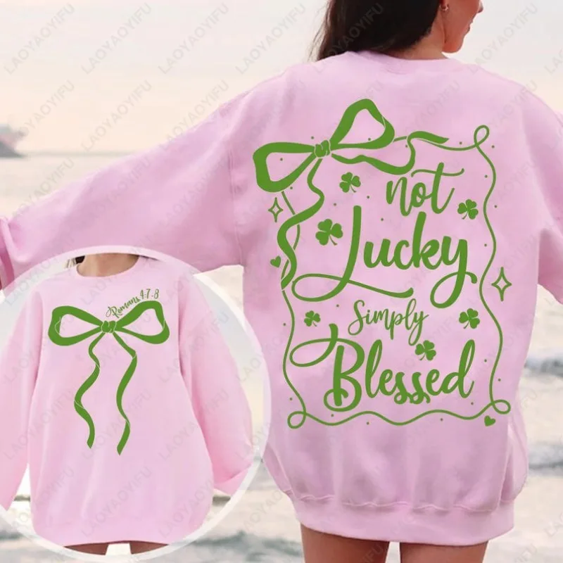 Jerséis con lazo del Día de San Patricio, no afortunado, simplemente bendito, romano 4:7-8, camisa con versículos de la Biblia, Sudadera con capucha Retro Lucky Vibes, sudadera de Jesús