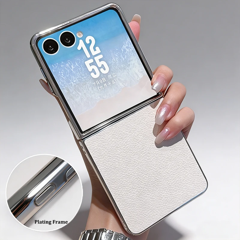 Lychee Pattern PU Leather Phone Case For Samsung Galaxy Z Flip7 FE Flip 7 6 5 5G Plating Frame Hard PC Shell Protect Back Cover