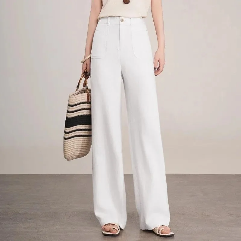 2025 여름 여성 하이웨이스트 슬림핏 팬츠, 신상 코튼 린넨 스트레이트 팬츠, 여성용 큰 사이즈 4XL 플랙스 바지