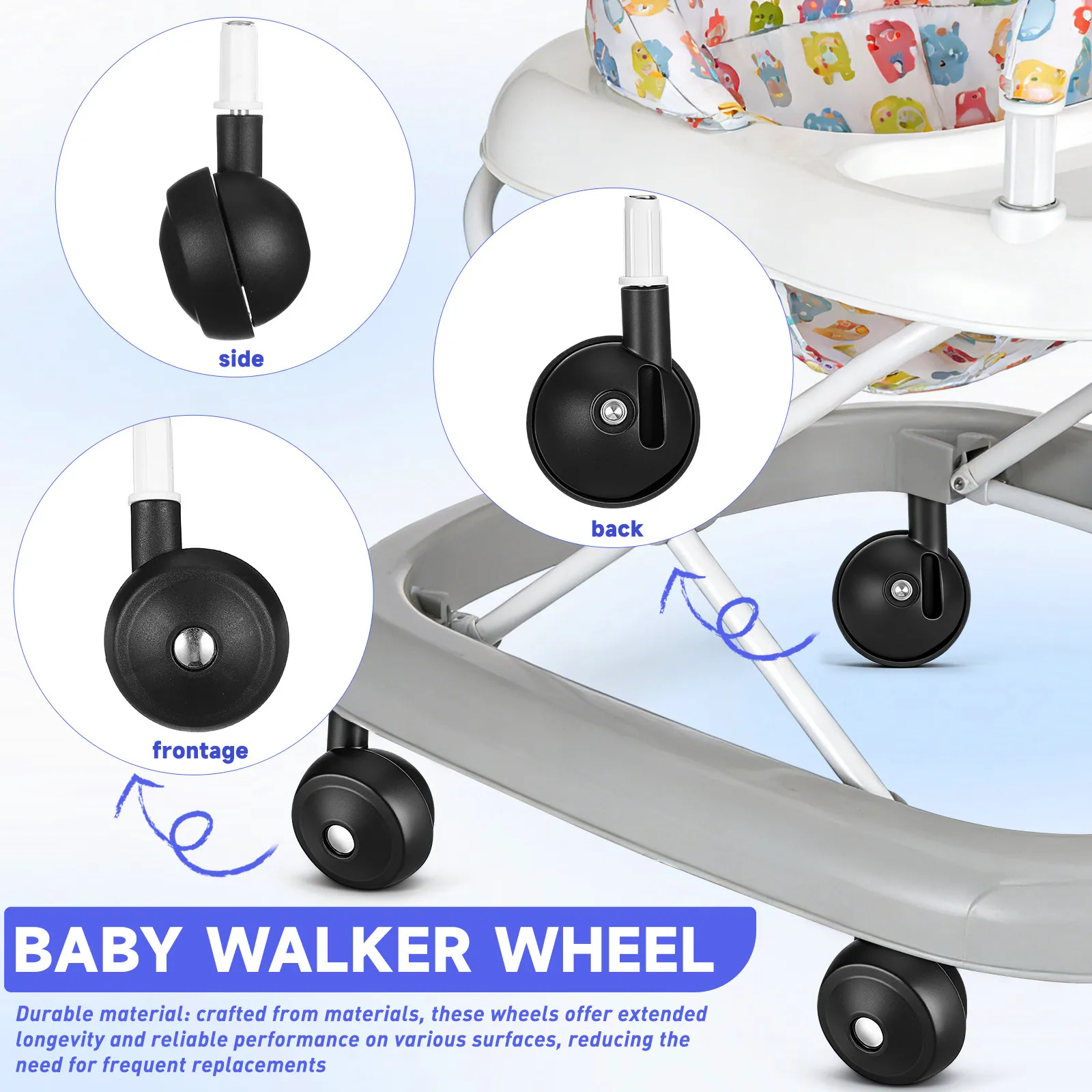 

4Pcs Easy Install Detachable Universal Walker Wheels for Baby Strollers Furniture Carts Quiet Wear-Resistant Replacement Casters