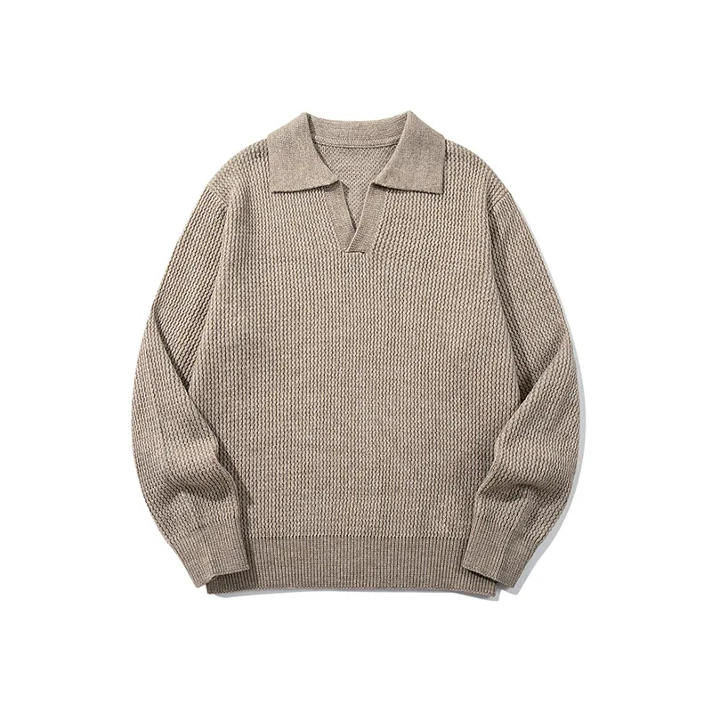Old Money Style V Neck Sweater Warm Lapel Textured Knit Tops Unisex Solid Color Simple Long Sleeve Pullover