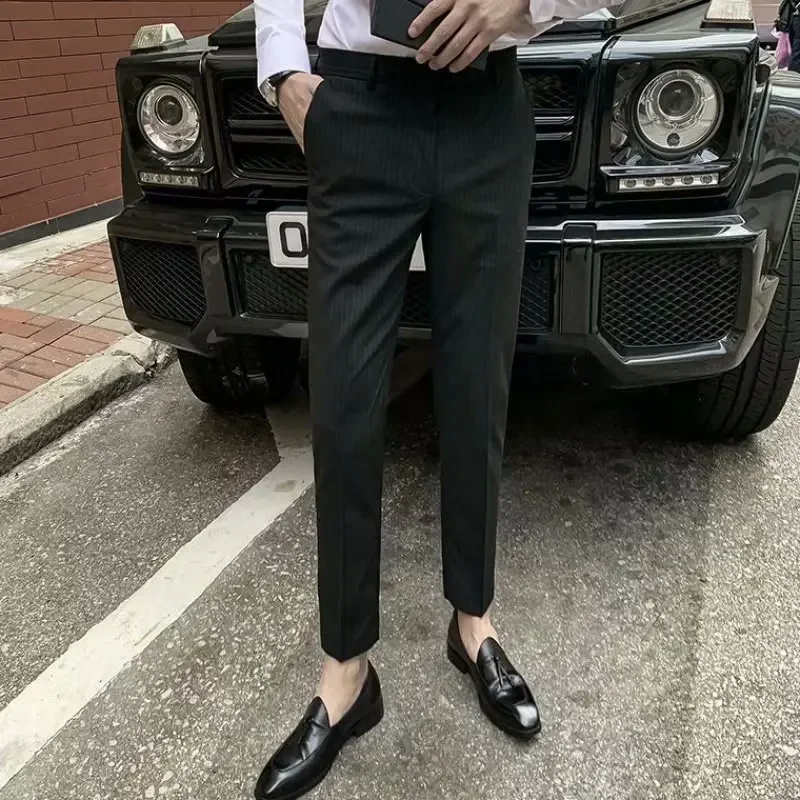 الرجال عالية الخصر البدلة العادية السراويل طويلة بانت مستقيم بنطلون جيوب لصق سليم صالح مخطط عادية الخريف شتاء 2025 جديد #4