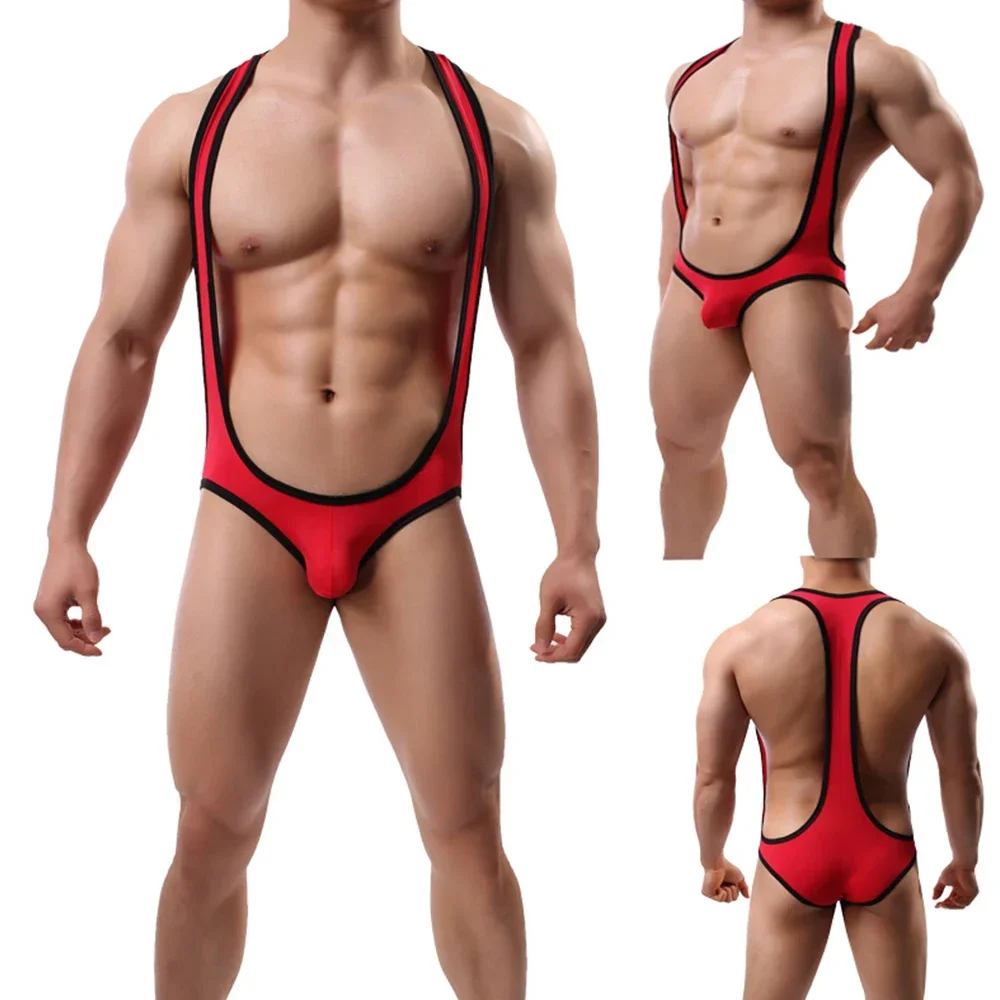 Gay Men Jockstrap Underwear Bodysuit Sexy Ice Silk Suspender Bodywear Wrestling Singlet Leotard Jumpsuit Sexy Teddies Undershirt