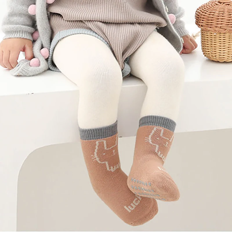 2 Pairs Baby Socks Autumn Winter Pure Cotton Plush Thick Non Slip Newborn Kids Sock Cartoon Middle Tube Children Floor Sock