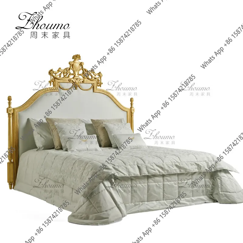 French light luxury solid wood bed double palace villa wedding bed master bedroom gold carved soft pull-up bed