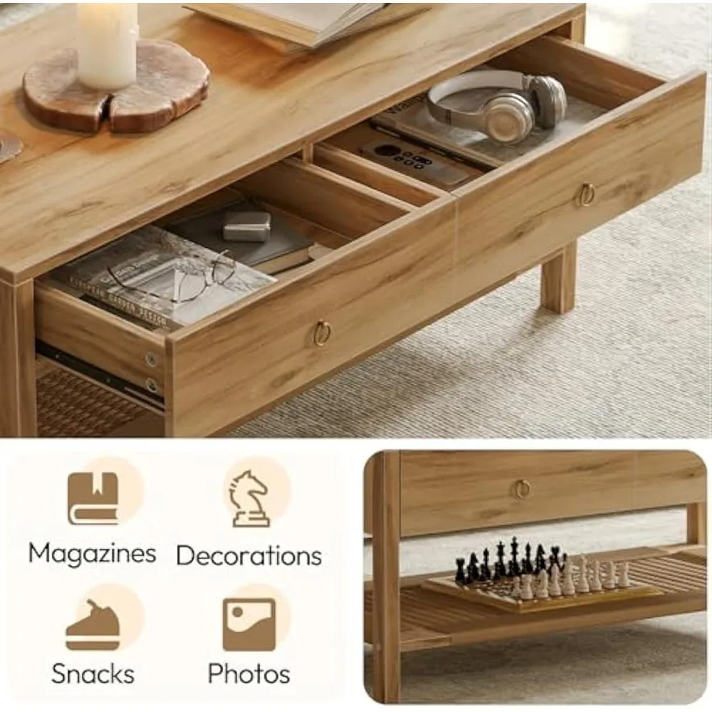 Mesa de centro Boho com armazenamento, mesa de centro de madeira de 42" para sala de estar, 2 gavetas de armazenamento e prateleira aberta de vime, estilo boêmio C