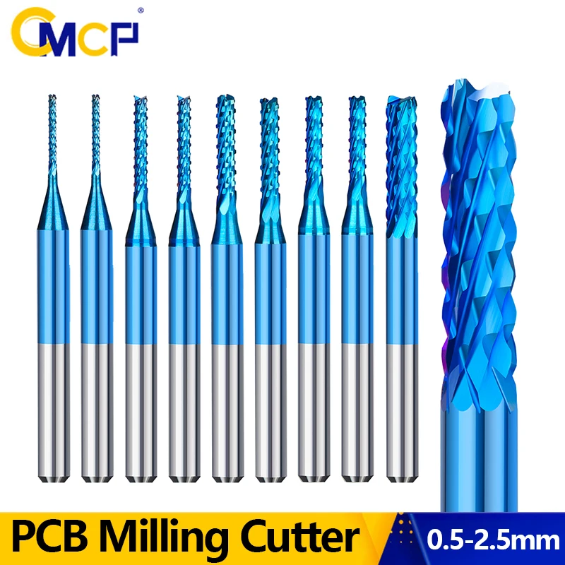 CMCP PCB Milling Cutter 0.5/0.6/0.8/1.2/1.4/1.7/1.8/2.2/2.4mm Nano Blue Coated 1/8 Shank Corn Milling Cutter End Mill CNC Cutter