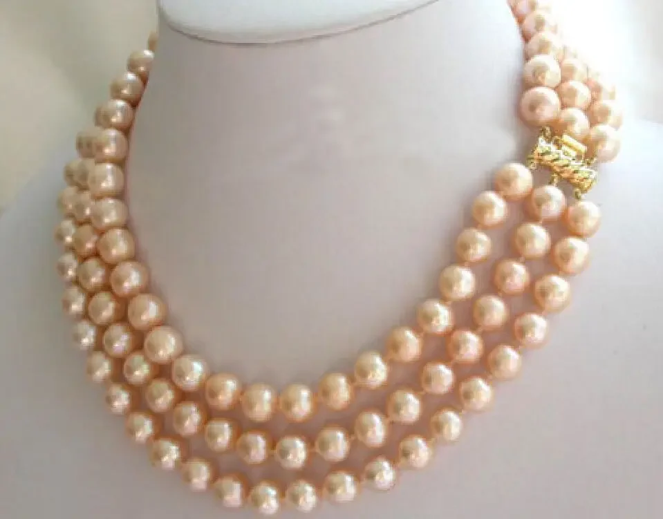 

hot 3 rows 8-9mm Genuine natural south sea pink pearls necklace 17-19 inch