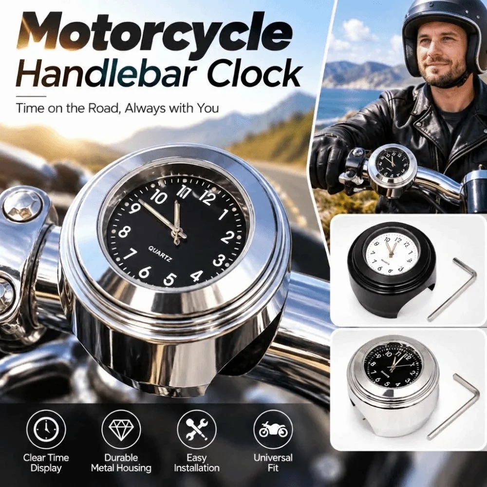 Round Shape Motorcycle Handlebar Clock 22-25mm Mount Temp Gauge Handlebar Watch Dustproof Waterproof Handlebar Timepiece