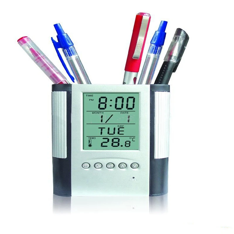 Perpetual Calendar Pen Holder With LCD Display Digital Clock Pen Holder Suitable For Bedroom / Desk Decoration