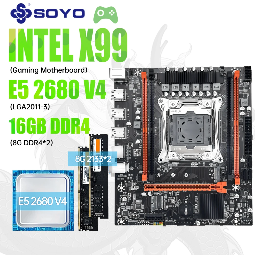 

Комплект материнской платы SOYO X99 и LGA2011-3 Xeon E5 2680 V4 DDR4 16 ГБ (2*8 ГБ) 2133 МГц NVME M.2 NGFF SATA2.0 PCIE3.0 x16