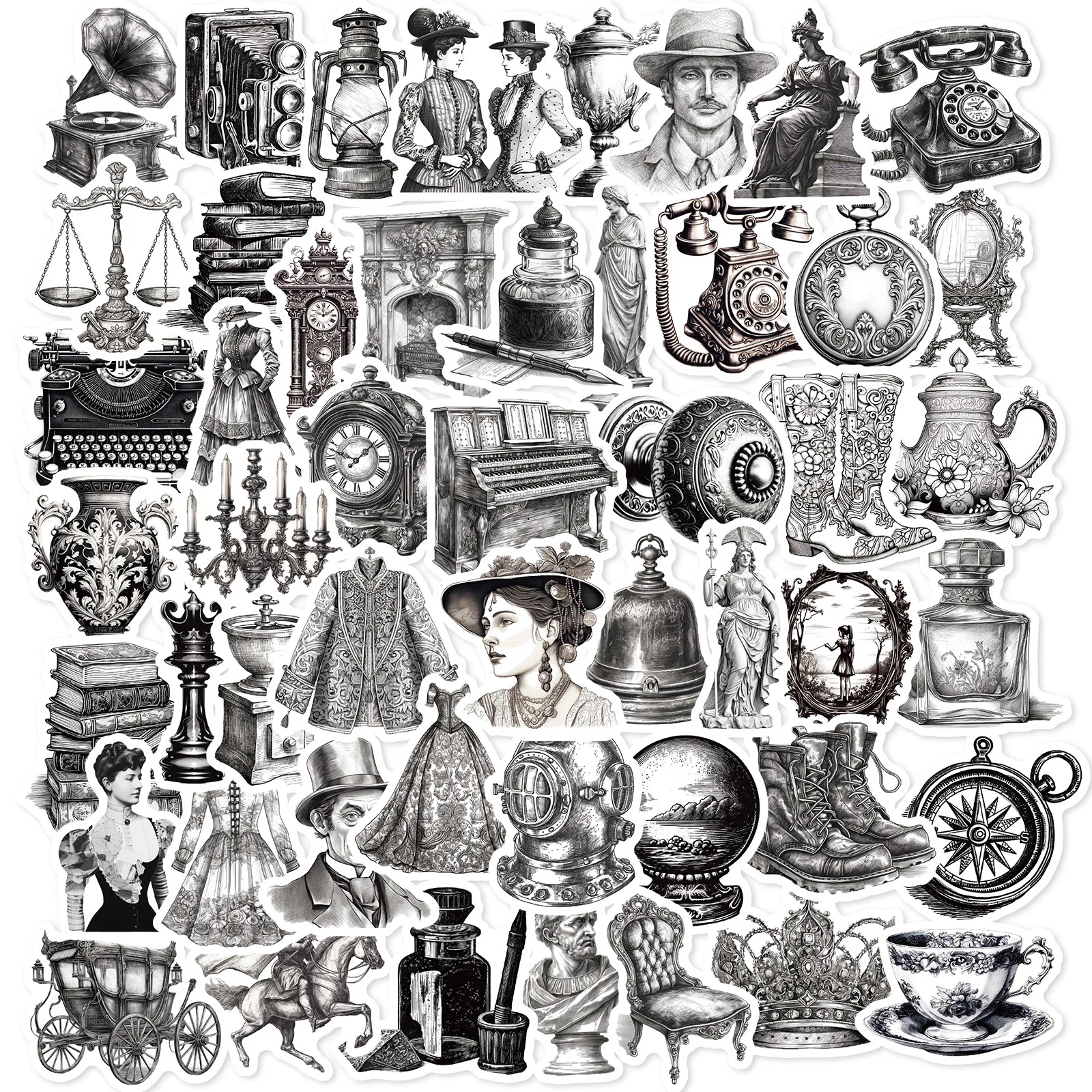 10/25/50pcs Mixed Black White Retro Old Things Graffiti Stickers for Notebook Guitar Laptop Phone Stationery Suitcase Helmet