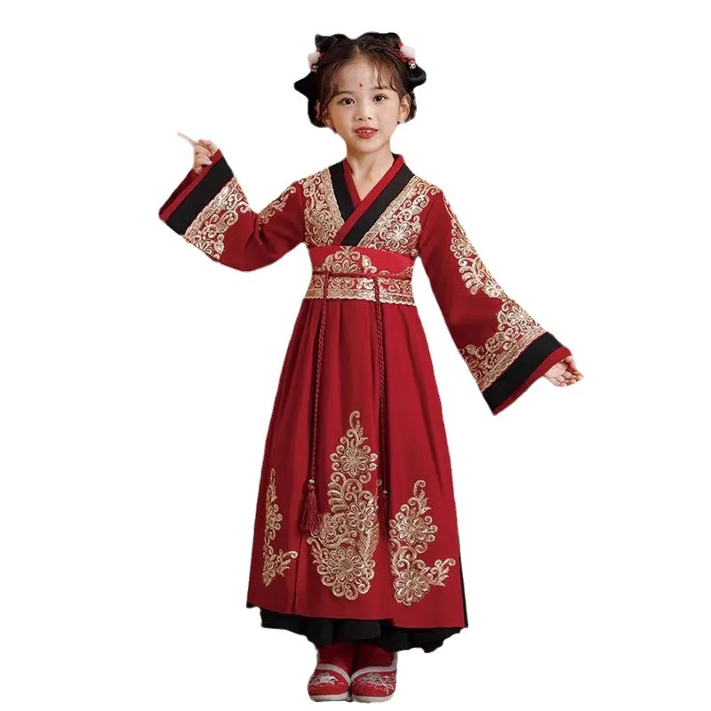 Red antique festive long sleeve Tang costume girl Chinese style costume suit dress