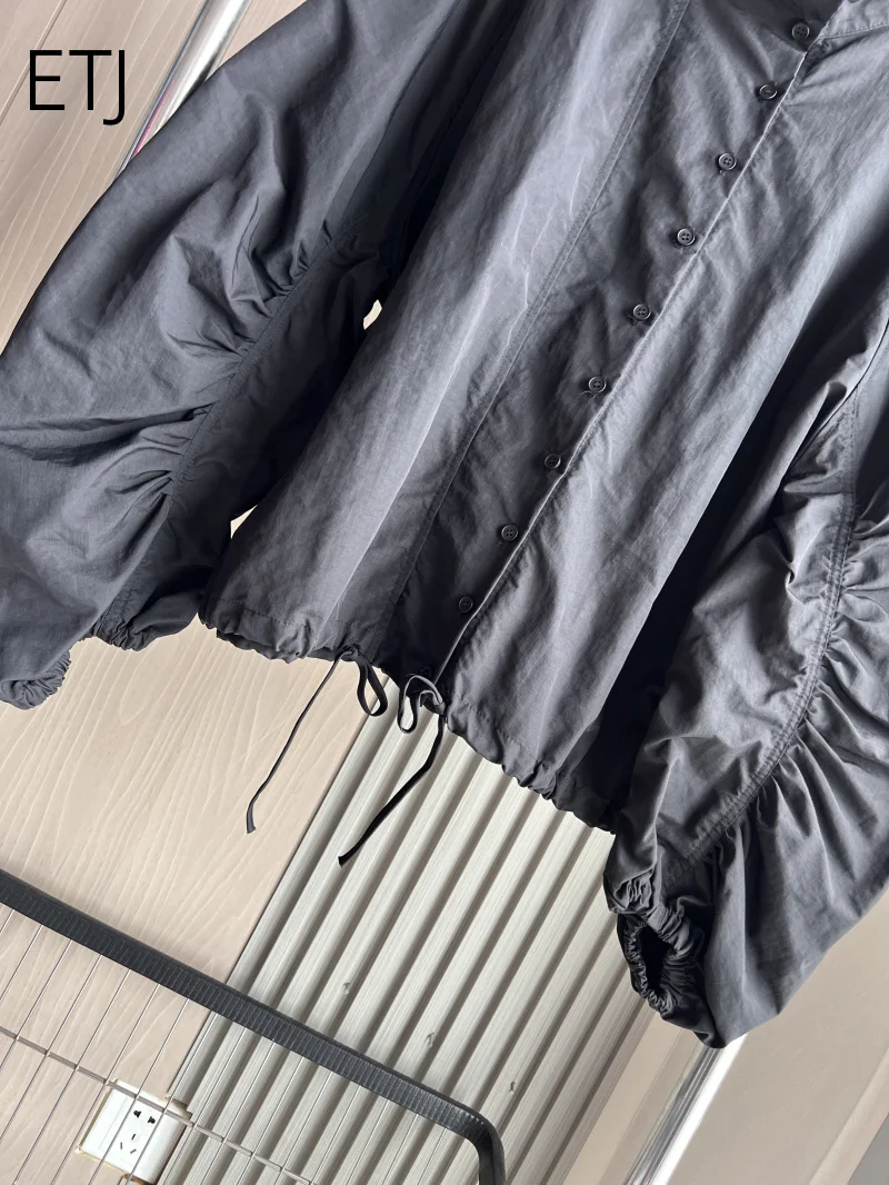ETJ 2026 Damen Polyester Windbreaker mit Stehkragen, Knopfleiste, Leichtgewicht, Wasserabweisend, Puffärmel, Oversize-Jacke – Detail 18