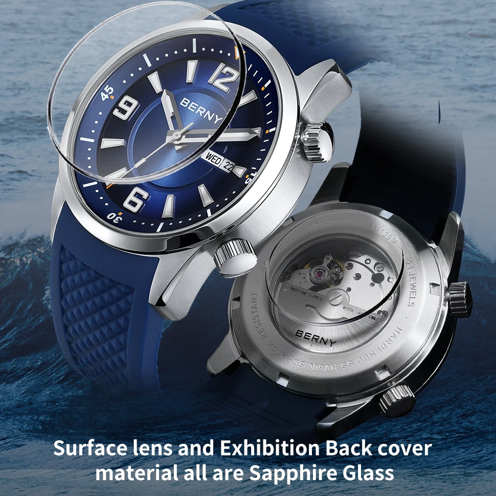 BERNY Diver Mechanical Men Watch 20ATM Waterproof Automatic Wristwatch Sapphire Super Luminous MIYOTA 8205 Watch Diving Watch