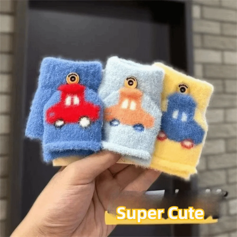 

Cartoon Car 1-5 Years Old Knitted Gloves Flip-top Warm Boys Half-fingered Gloves Windproof Thickend Kids Gloves Outdoor