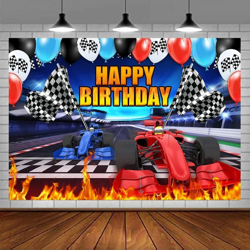 

Racing Car Photography Backdrop Happy Birthday Racecar Black White Checkered Flag Colorful Balloons Banner Background Decoration