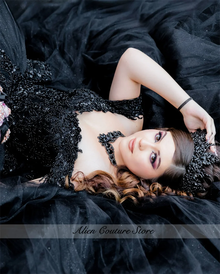 Sparkly Black Quinceanera Dress Sweet 16 Ball Gown Off Shoulder Ruffle Mexico Applique Beading Vestidos De XV Anos  Customized