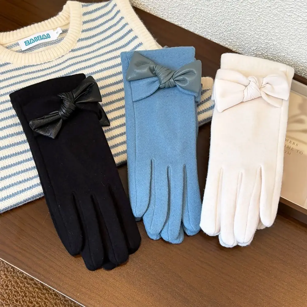 Durable Bow Decor Winter Warm Gloves Thick Design Polyester Fleece Lined Touch Screen Gloves One Size Cycling Gloves For Women