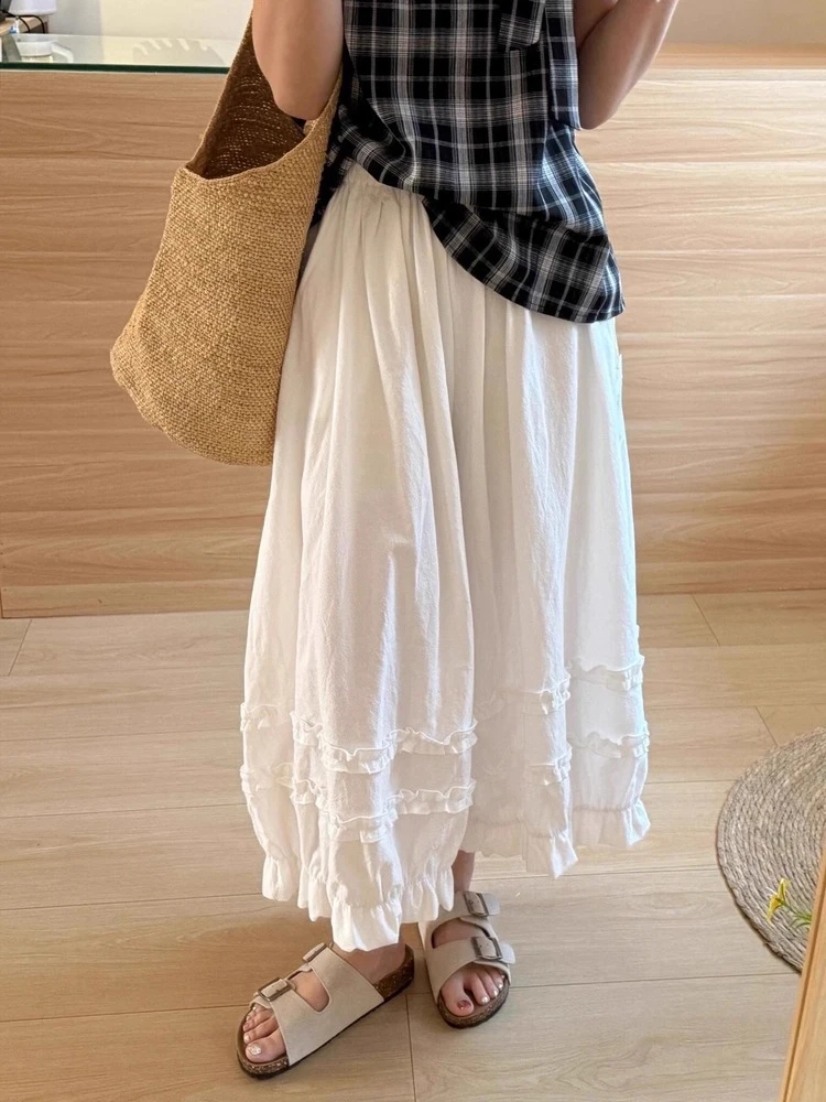 Lace Trim White Lantern Pants for Women Spring Summer Loose Elastic High Waist Wide Leg Trouser Female Ankle Length Casual Pants