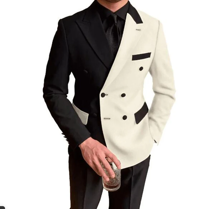 Elegant Black White Men Suit Slim Fit Peak Lapel Double Breasted 2 Piece Formal Groom Wedding Tuxedos Blazer+Pants Costume Homme