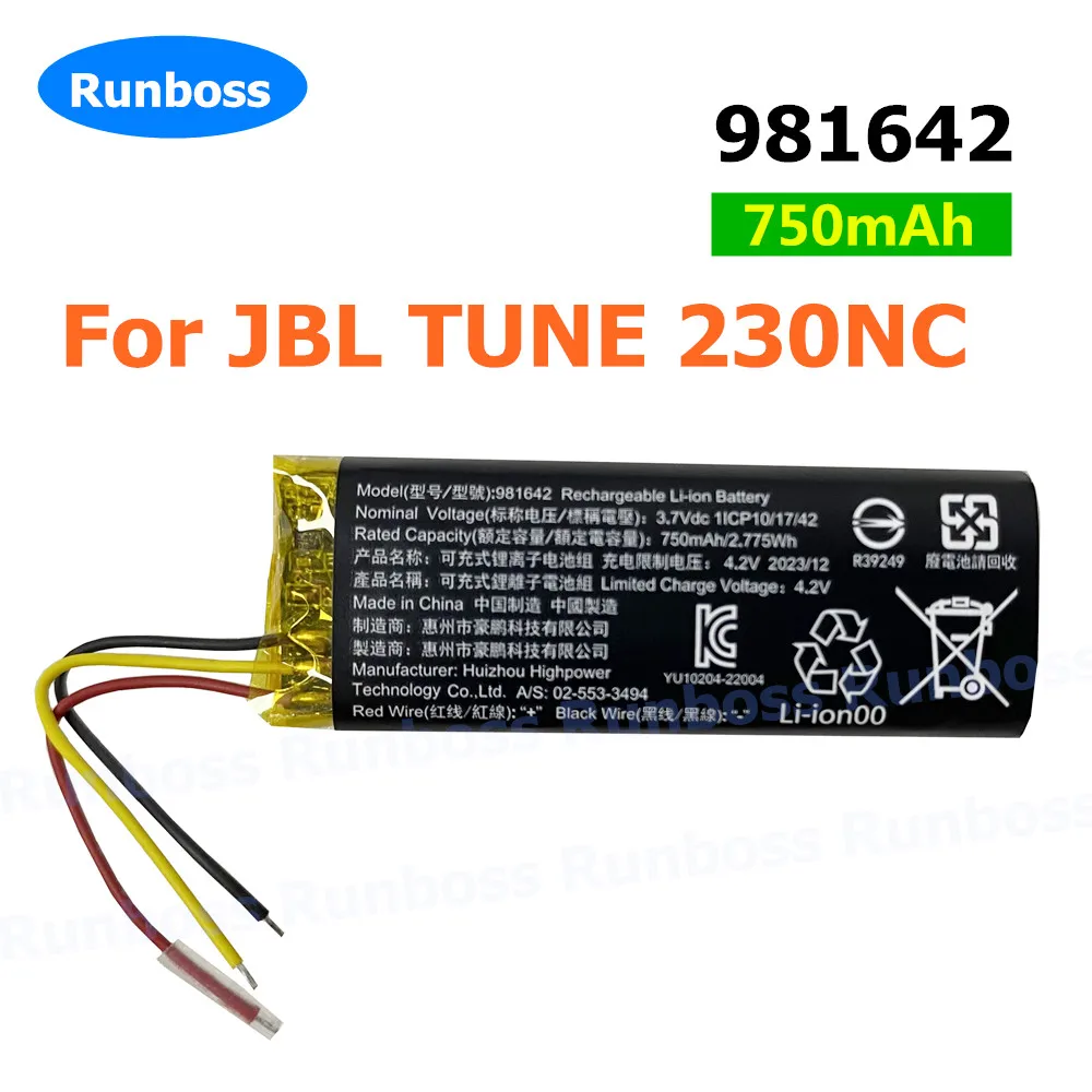 3.7V 981642 750mAh Lithium Battery for JBL Tune 230NC 230 NC TUNE230NC TWS Wireless Bluetooth Earphone Charging Compartment