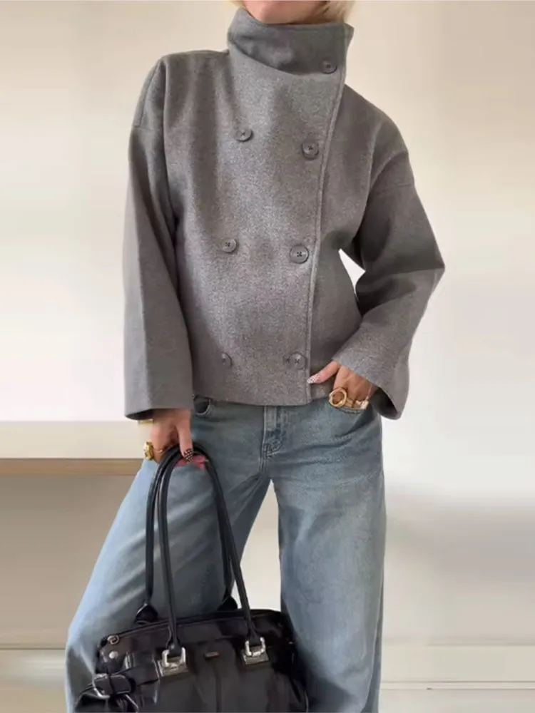 

Элегантное женское пальто с высоким воротником-стойкой, двубортное однотонное свободное пальто, женское пальто 2025 года, новая осенняя мода, уличный офисный женский топ