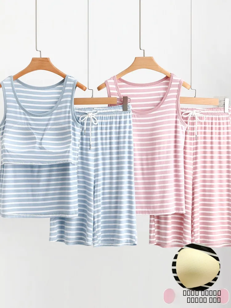

Modal Striped Chest Pad Vest Set Women Summer Thin Sleeveless Nightgown Casual Large Size Can Be Worn outside Home Clothes