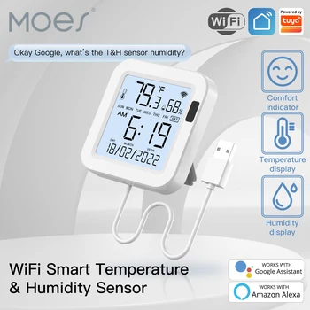 MOES WiFi Temperature & Humidity Sensor LCD Screen Infrared Sensing Backlight Smart Tuya APP Remote Control Alexa Google Voice