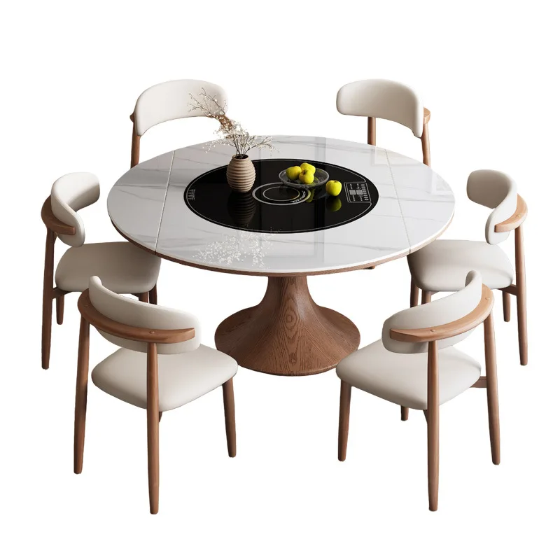 Retractable solid wood rock dish induction cooker intelligent voice electric turntable square and round dual-purpose dining