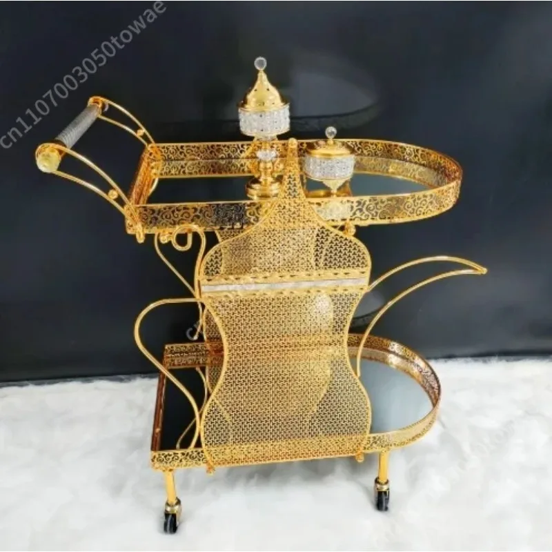 3 Layer Luxury Gold Metal Spiral Serving Cart, Ornate Lace-Cut Rolling Bar Cart, Elegant Drinks Trolley for Hotel & Home Bar