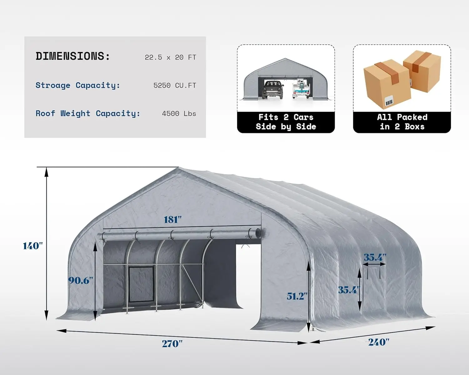 22.5 X 20 FT Heavy Duty Anti-Snow Carport with Spacious Galvanized Frame  Roll-Up Doors & Mesh Windows  Outdoor Canopy with Rein