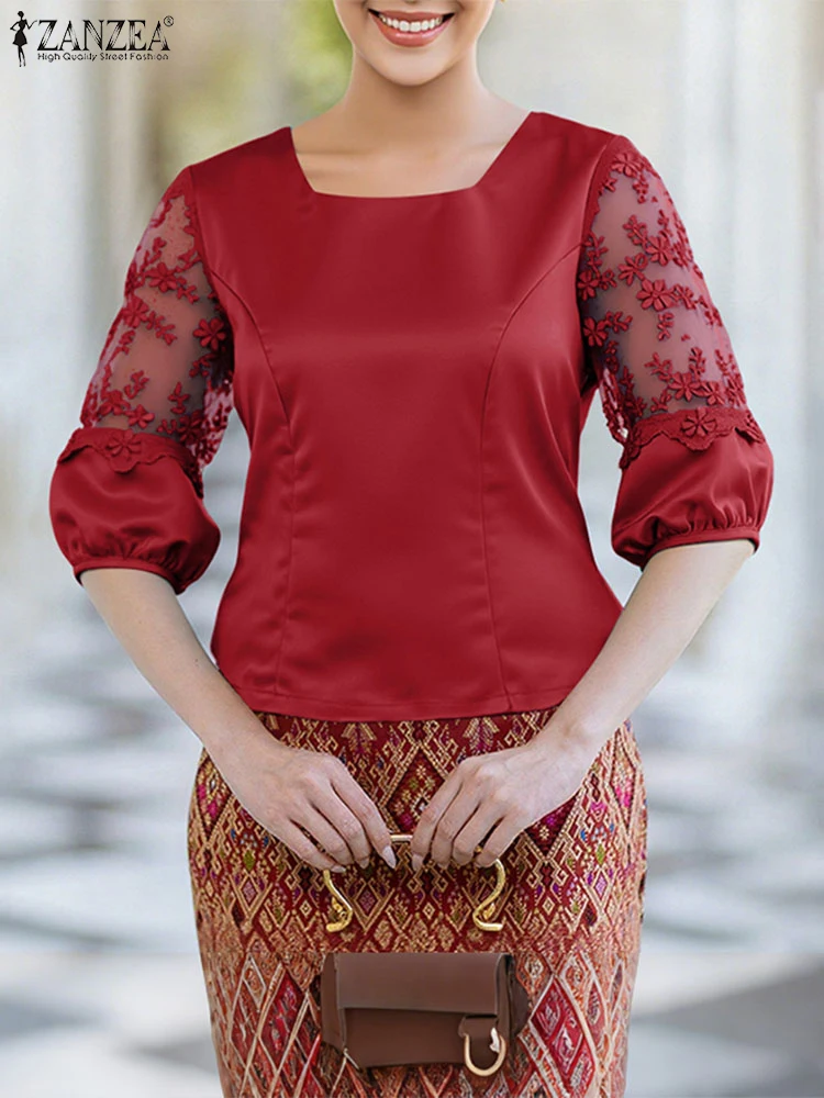

ZANZEA Women Blouse Trend 2025 Elegant Lace Patchwork 3/4 Sleeve Shirt Stylish Hollow Out Embroidered Shirts Casual Work Tops
