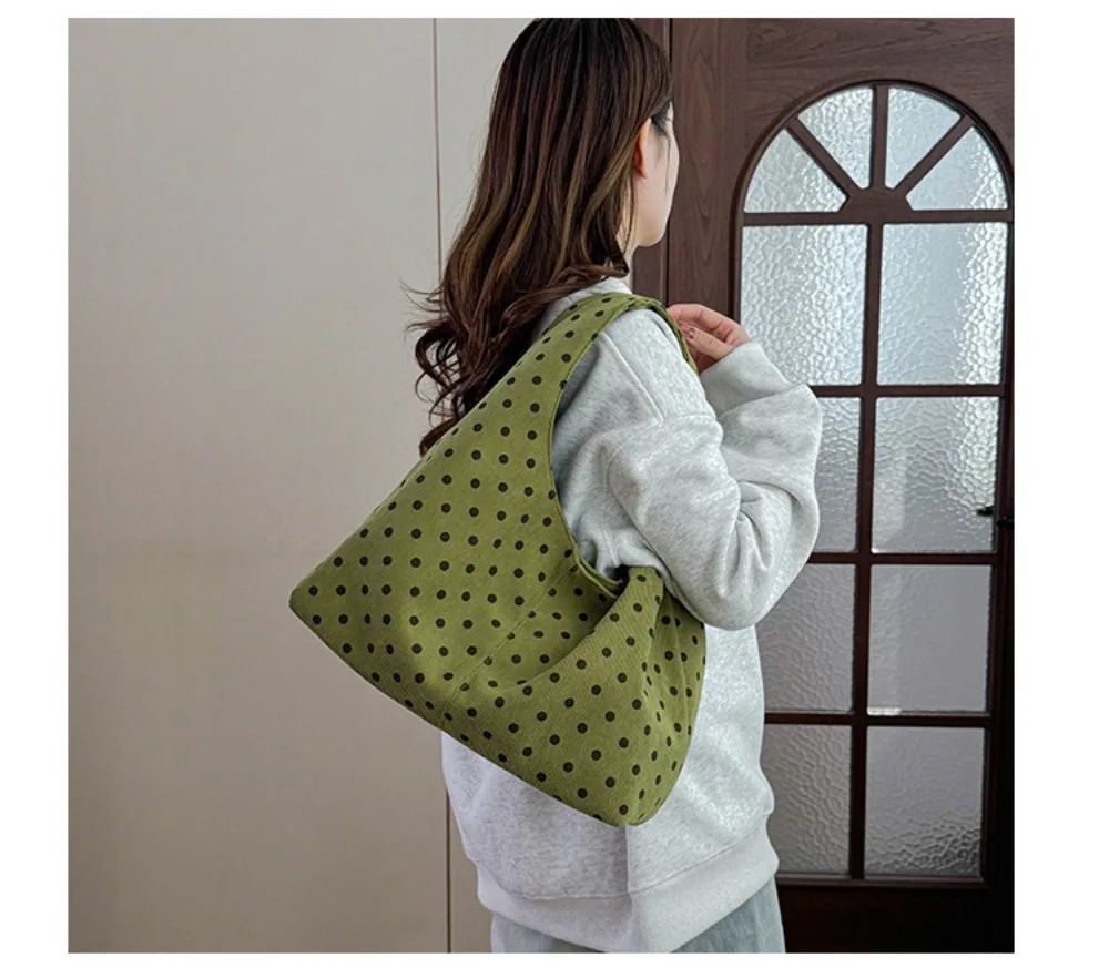 Neue Damenhandtasche mit Polka-Dot-Muster, lässige Umhängetasche aus Cord, große Tragetasche für den täglichen Pendelverkehr – Detail 8