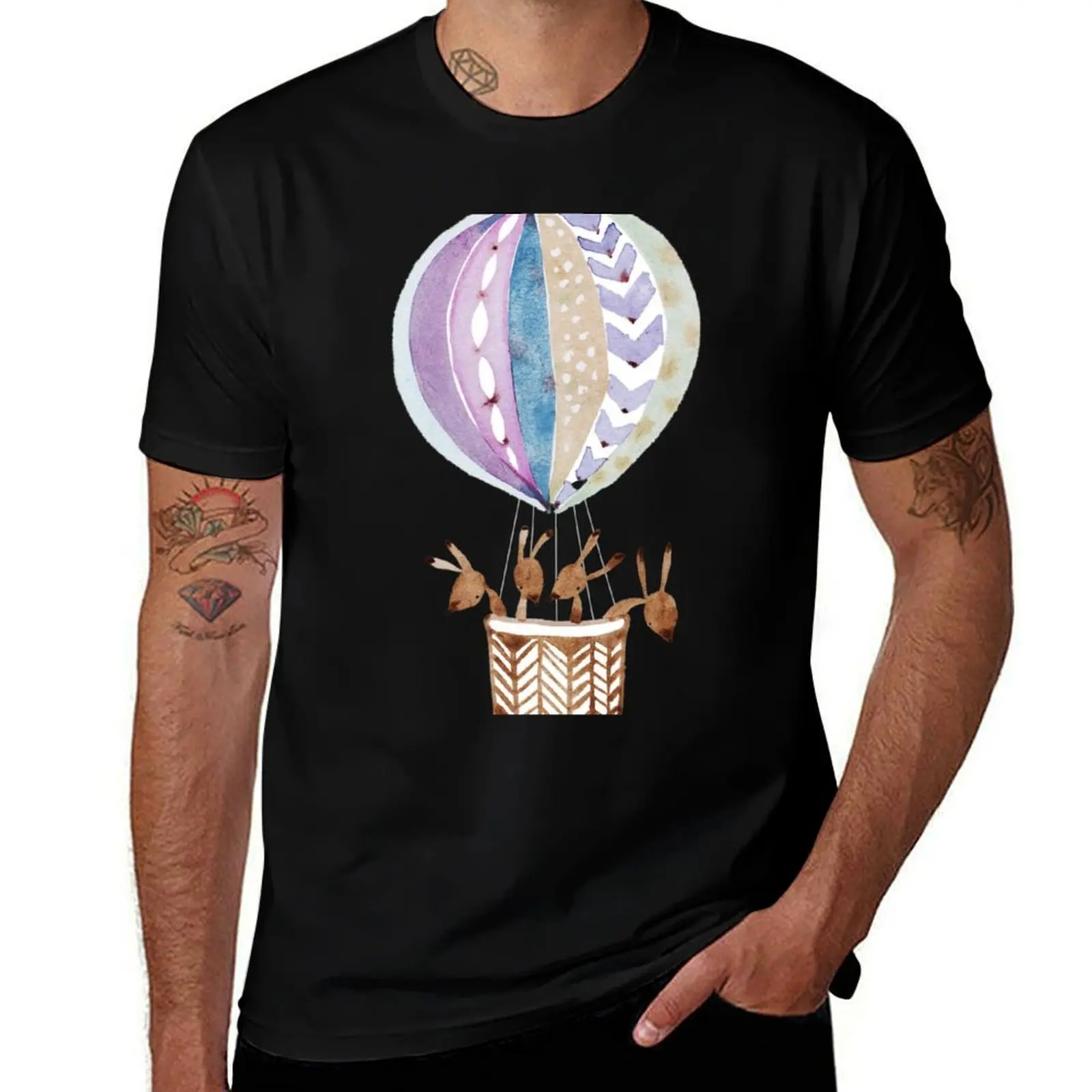 

Bunny's adventure in hot air balloon T-Shirt Modern Print Casual T-Shirt