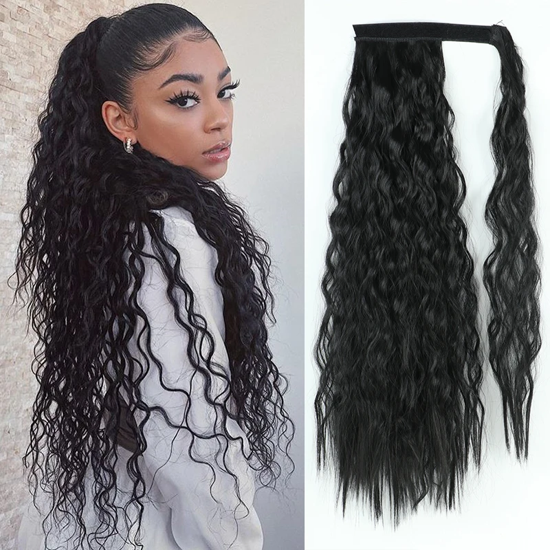 AZQUEEN Synthetic Long Natural Curly Ponytail Wrap Around Ponytail Hairpieces Black Heat Resistant Hair Extensions For Women