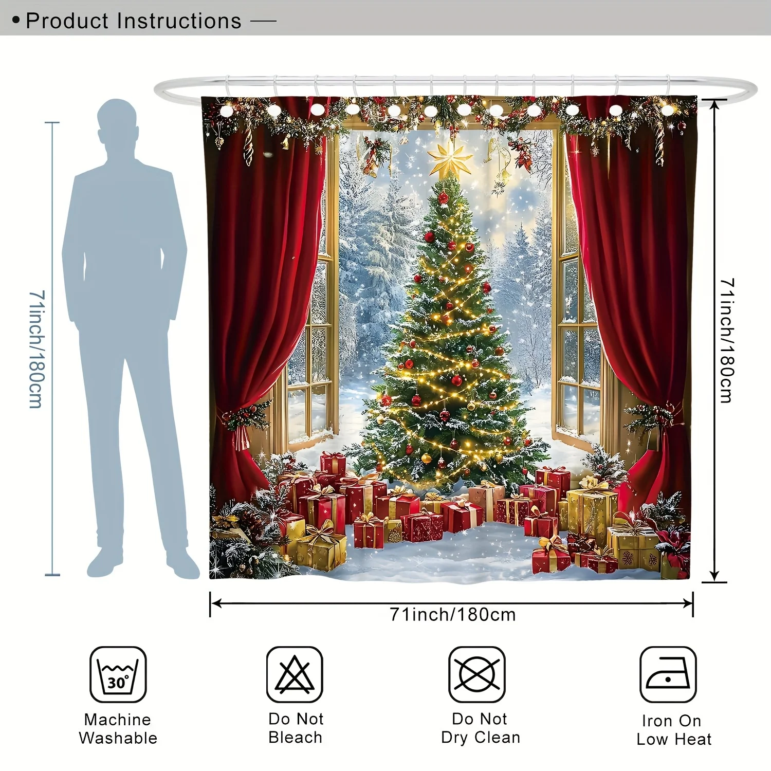 4Pcs Xmas Shower Set,Tree Snow Gift, Red Gold Washable, Winter Scene, Holiday Bath Decor, 12 Hooks, Non-Slip Mat, U-Shaped Cover
