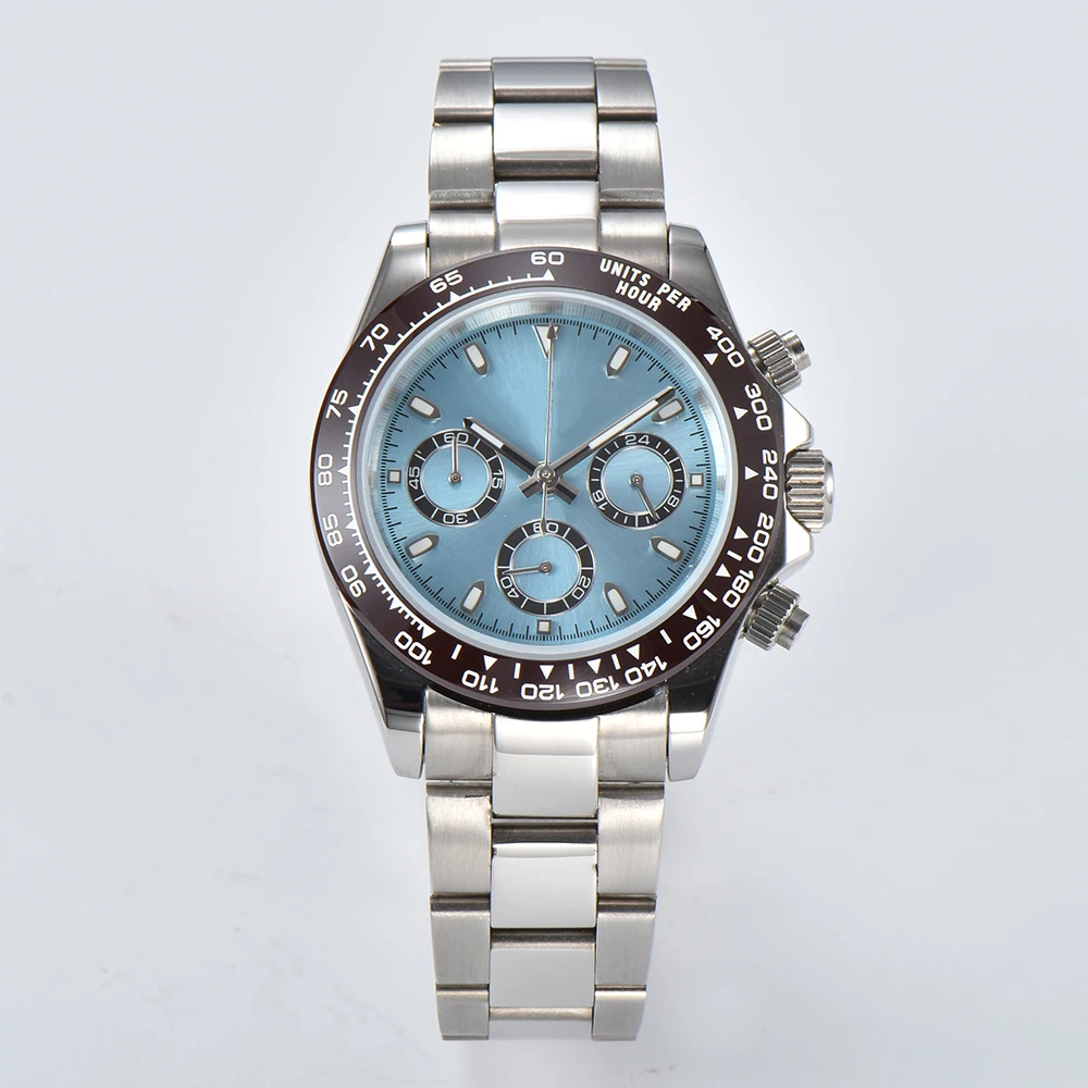Customizable logo panda three eyed quartz watch with ceramic bezel inlaid with VK63 watch sapphire glass stainless steel strap