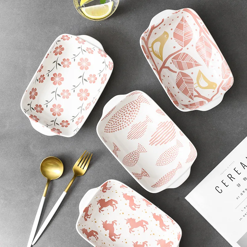 Embossed hand-painted underglaze ceramic tableware household salad deep baking pan binaural rectangular cheese baked rice bowl 2