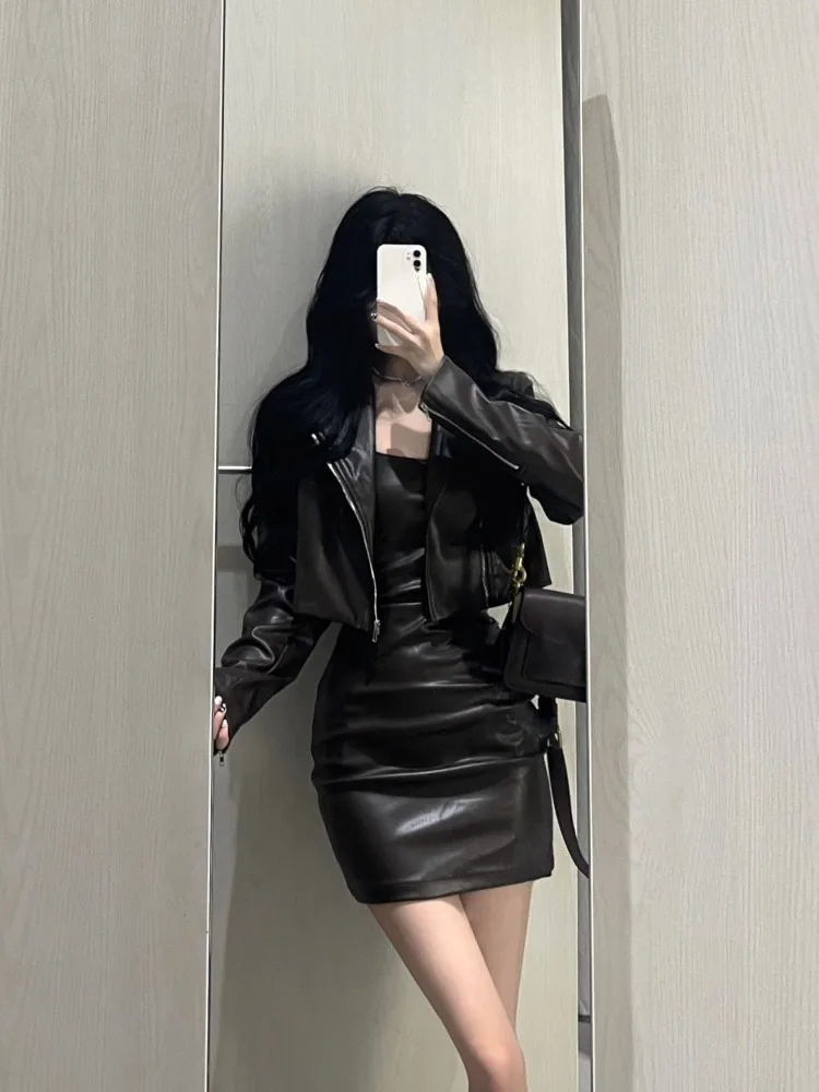 Fashion Vintage Long Sleeve Zipper Leather Coat Women+ Y2k Sexy Slim Fit Bodycon Camisole Dress Summer New Two Piece Sets