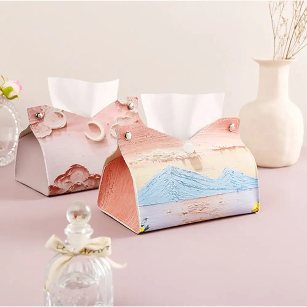 Aesthetic Leather Pink Tissue Case Oil Painting Durable Paper Towel Box Large Storage Creative Napkin Holder Home