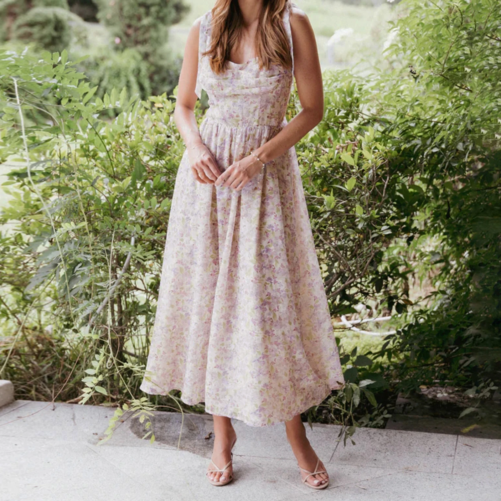 Nouveau Sexy femmes robe longue imprimé fleuri bretelles à nouer robe Cami mode d'été sans manches tenue décontractée S M L