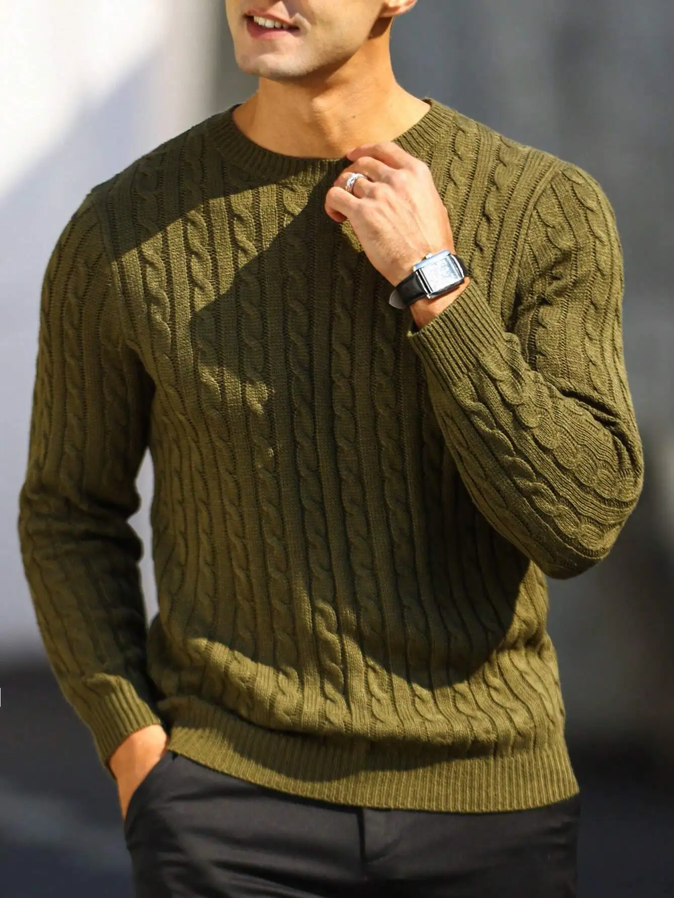 

Men's Olive Green Cable Knit Sweater Round Neck Long Sleeve Casual Fall Winter